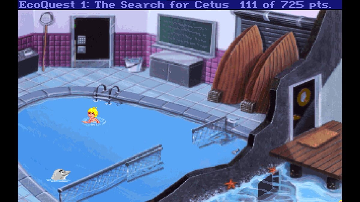 Adam swims with Delphineus the dolphin in the EcoQuest pool scene