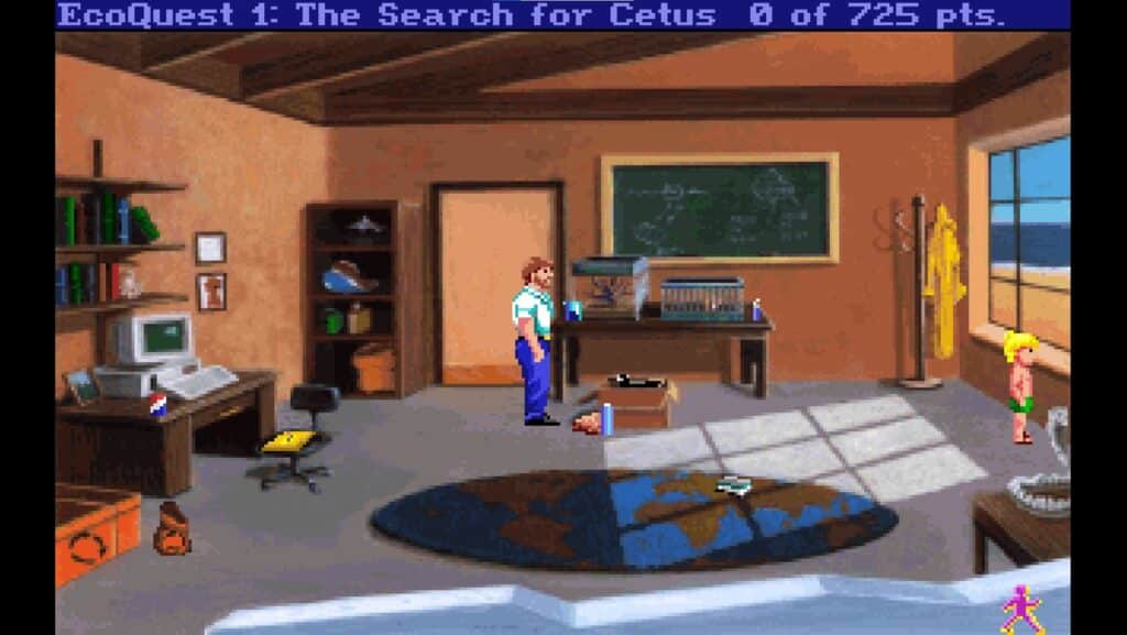 Adam and his father stand in the office at the start of EcoQuest: The Search for Cetus