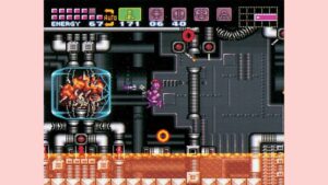 Super Metroid gameplay screenshot with Samus fighting in a mechanical chamber.