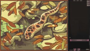 Illustration of a snake among autumn leaves in an interactive fiction-style game.