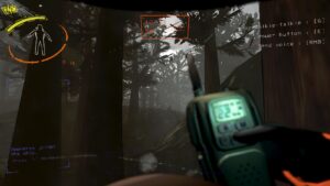 First-person view of a player holding a walkie-talkie in a dark forest