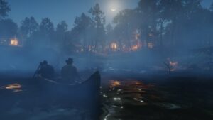 Boat journey under the moonlight in an adventure game