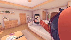 Crazy Mita from MiSide holding her phone in a cozy room, hiding her sinister nature beneath a cheerful appearance.