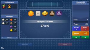 Jackpot round in Dice Dice Baby showing multiplier bonus and dice synergy effects.