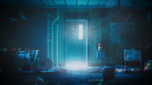 Dimly lit recreation room with scattered debris and a glowing blue light emanating from a door in Still Wakes the Deep