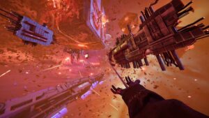 Fast-paced combat scene from Turbo Overkill with neon sci-fi visuals, battleships in space, and the player’s hand reaching forward – gloriously chaotic action.