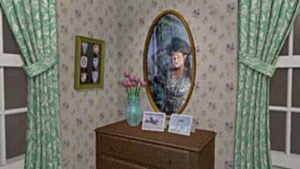 Mirror reflection of woman in floral room in Amber: Journey’s Beyond