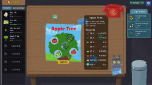 Scritchy Scratchy Apple Tree scratchcard showing rewards, probabilities, and upgrade options on the game table