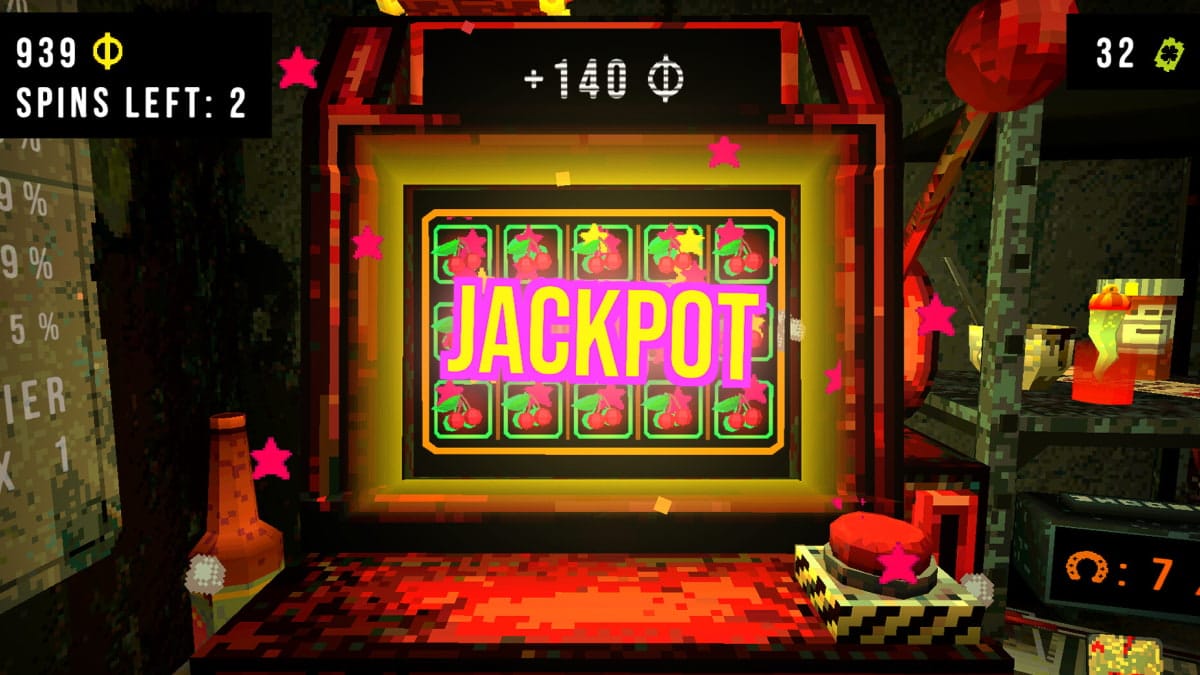 CloverPit game screenshot. A pixelated slot machine screen displays a yellow "JACKPOT" message with cherries and stars