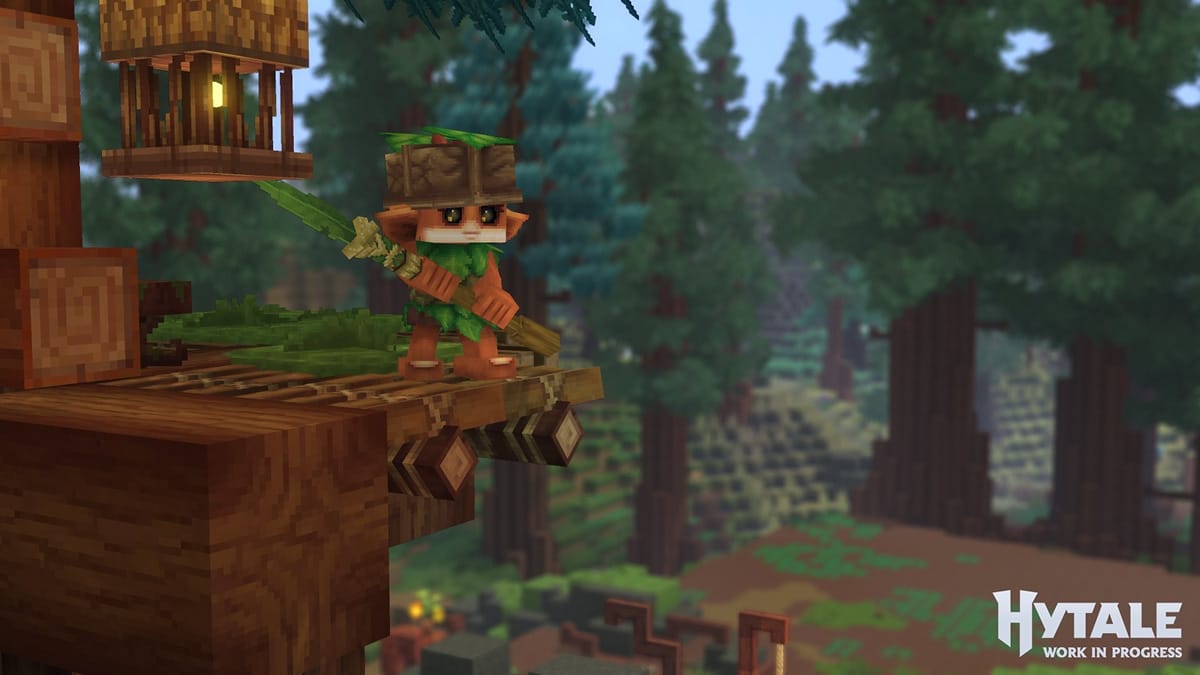 Hytale character with a leaf hat and sword stands on a wooden platform in a lush, forested landscape