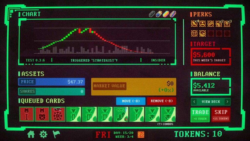 A rising-then-falling market graph displayed during gameplay in the Insider Trading game