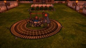 A cloaked pumpkin-headed farmer stands near a well on a quiet evening in Pumpkin Panic
