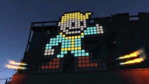 Close-up of the large circular Vault 111 door from Fallout 4, showing rusted metal, mechanical arms, and warning labels.