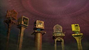 I Have No Mouth, and I Must Scream – human figures trapped in strange mechanical cages suspended over tall pillars.