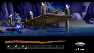 Loom – a robed figure with a staff stands by a moonlit pier as glowing notes appear over the water.