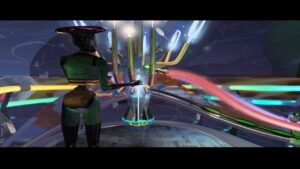 A futuristic environment glows with neon lights as a mysterious figure interacts with alien machinery in Obsidian.