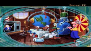 A quirky inventor works on a chaotic time machine as Benjamin Franklin appears on a TV screen in Pepper’s Adventures in Time.