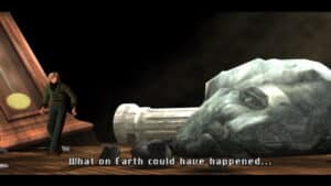 A man stands before a shattered stone statue head and fallen pillar, questioning the scene in Shadow of Destiny (also known as Shadow of Memories)