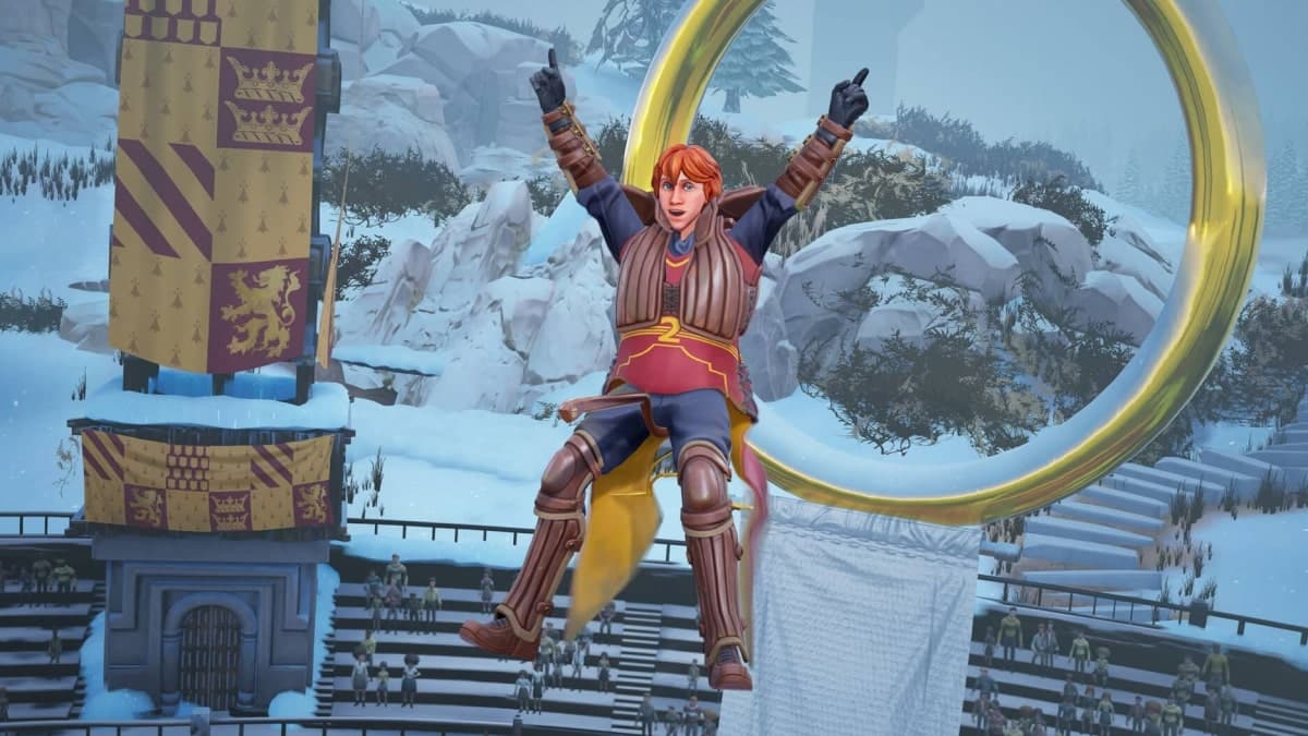 Gryffindor player celebrating a goal during a match in Harry Potter: Quidditch Champions