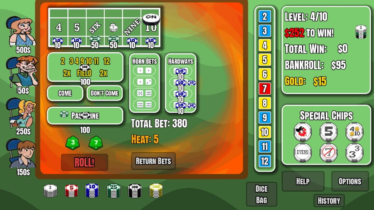 The game presented is 6 Ways To 7, a roguelike inspired by the classic dice game craps and Balatro