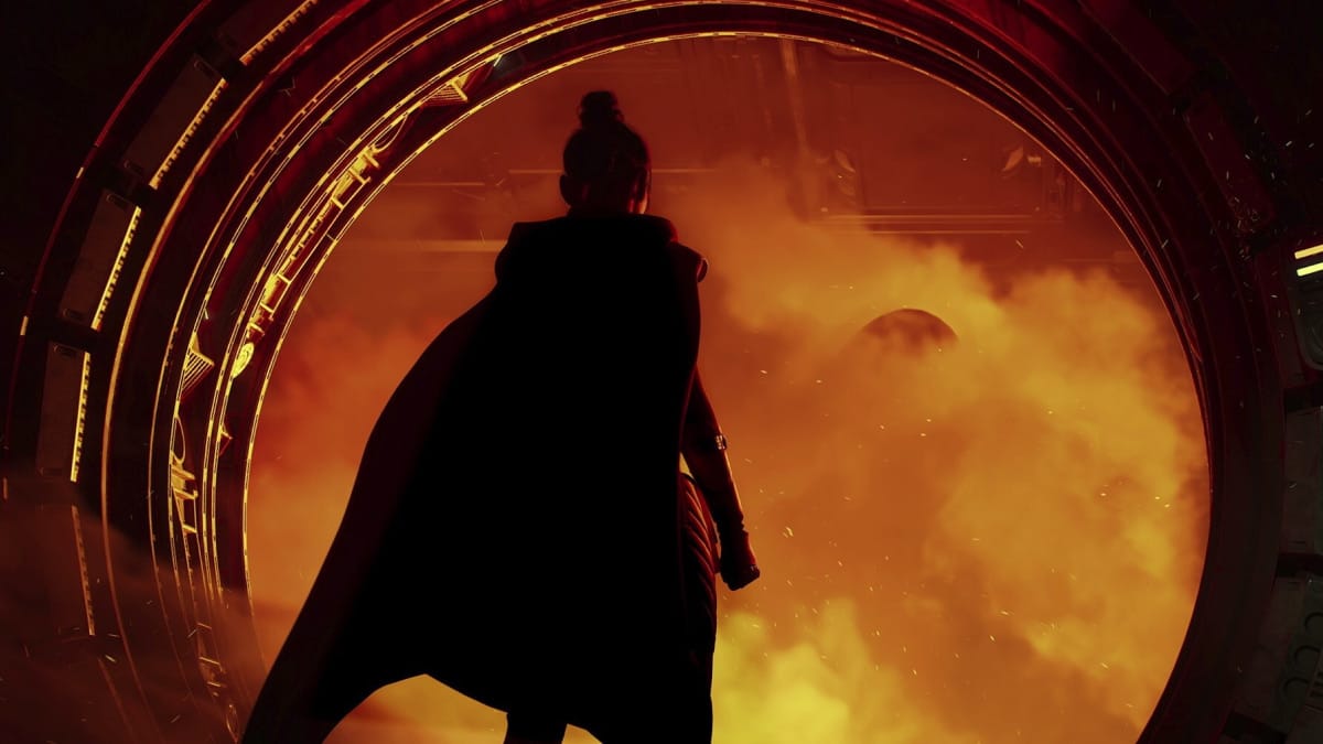 Image taken from the debut teaser trailer for Star Wars: Fate of the Old Republic. A person in a dark cloak stands silhouetted against a fiery, orange-lit circular portal, exuding mystery and adventure