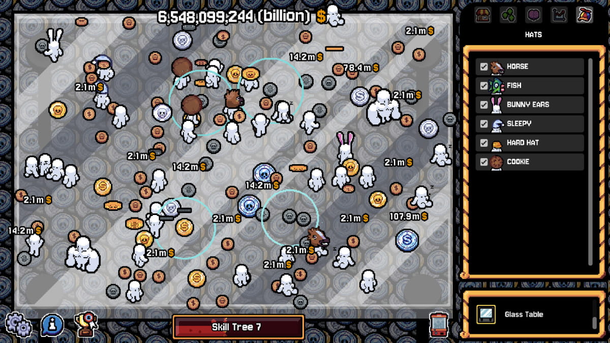 Late-game gameplay in Gamblers Table with numerous helpers flipping coins and generating massive income values