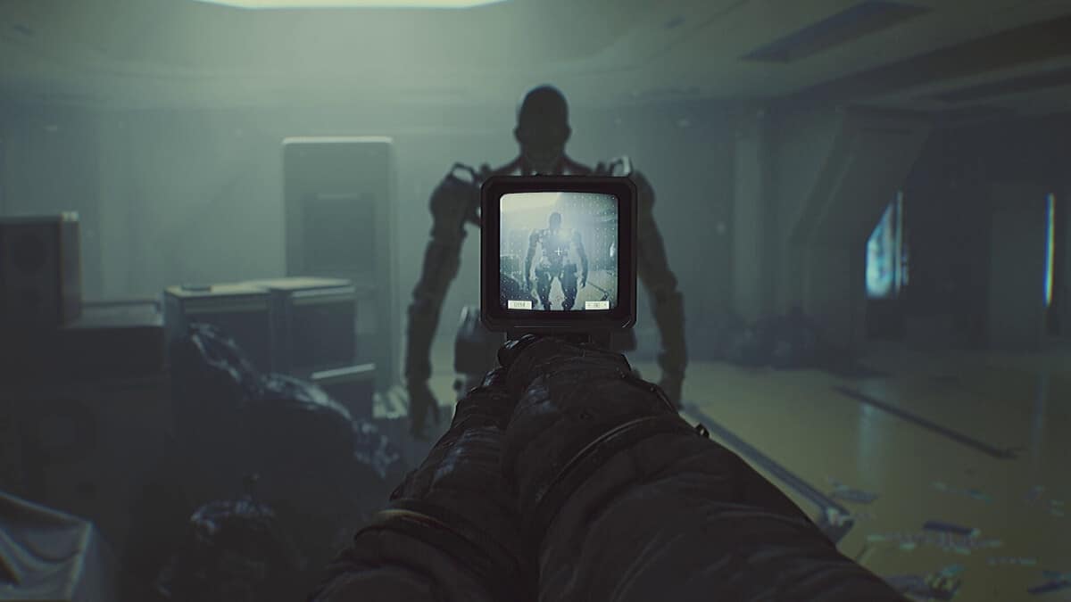 Gameplay scene from ROUTINE showing a player aiming a weapon at a humanoid robot enemy through a digital scope in a dark sci-fi environment, for the full sci-fi horror survival handbook