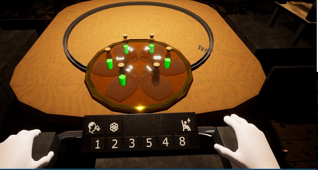 Sip or Die gameplay showing a table of numbered green vials as players gamble their lives in the roulette game