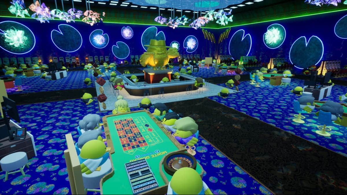 A cartoon-style casino interior from the game Always Bet on Quack is filled with small, customizable duck characters playing various table games like roulette.