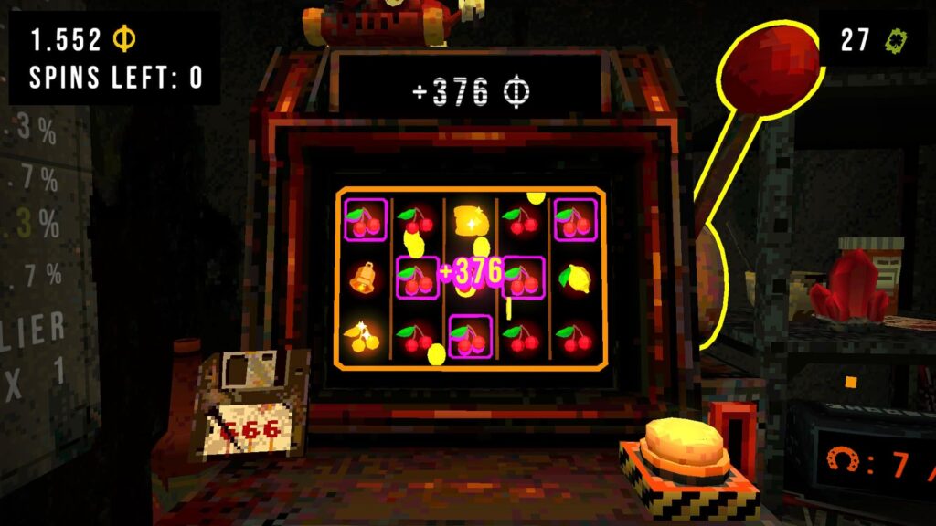 CloverPit gameplay screen showing a slot machine spin with cherry symbols, coin payouts, and no spins left