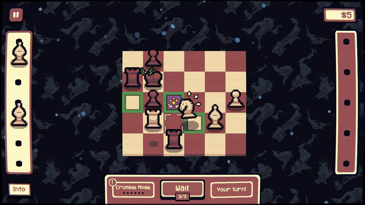 Gambonanza gameplay showing a small chess board with special tiles, piece abilities, and roguelike mechanics in action