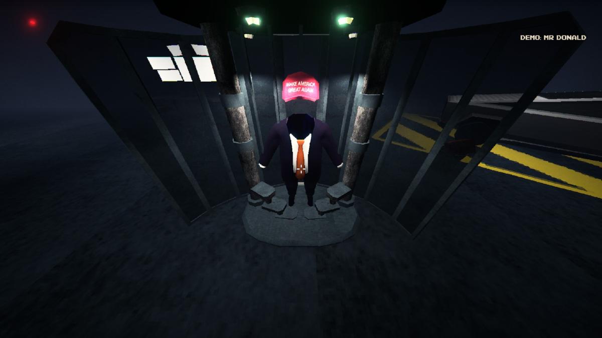 Gameplay scene from Mr Donald showing the satirical protagonist wearing a red “Make America Great Again” hat standing inside a fortified checkpoint, highlighting the game’s political parody and boomer-shooter aesthetic.