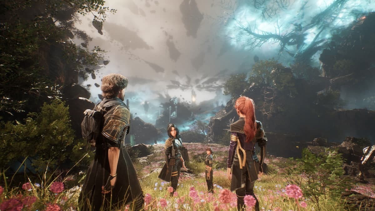 This is an image from the game Clair Obscur: Expedition 33, featuring a group of four main characters