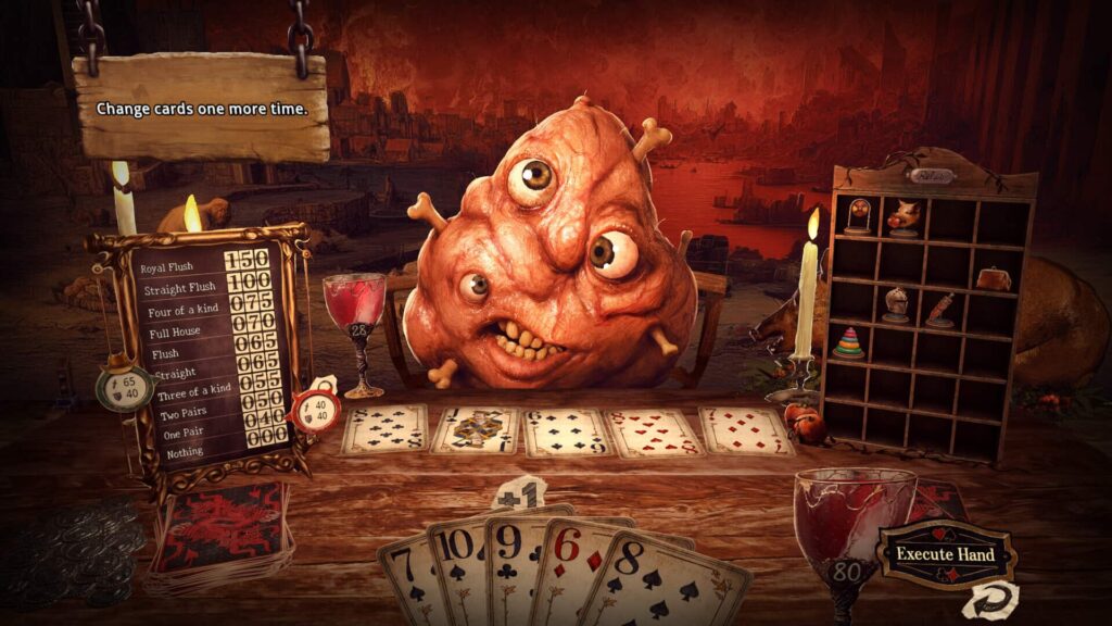 The Devil’s Due gameplay showing a poker duel against a grotesque enemy with cards and damage values visible