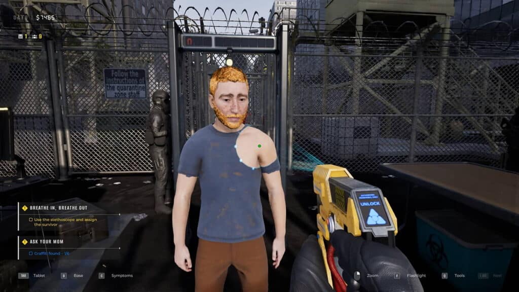 Inspecting a survivor with the stethoscope tool in Quarantine Zone: The Last Check at the quarantine checkpoint