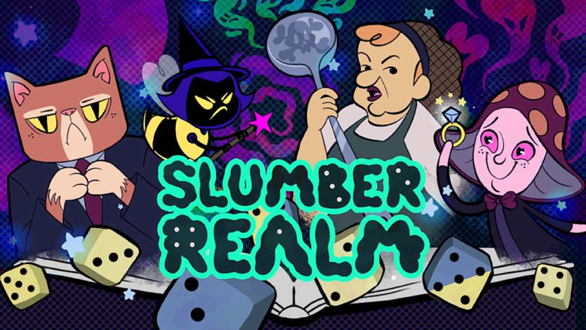 Illustrated Slumber Realm title screen with surreal cartoon characters, dice, and a colorful 90s-inspired dreamlike art style.