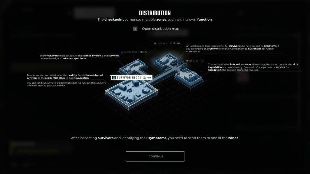 Distribution map showing survivor zones in Quarantine Zone: The Last Check, including quarantine, laboratory, liquidation, and survivor block