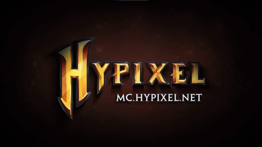 A stylized, gold and red Hypixel logo with the text MC.HYPIXEL.NET displayed below it