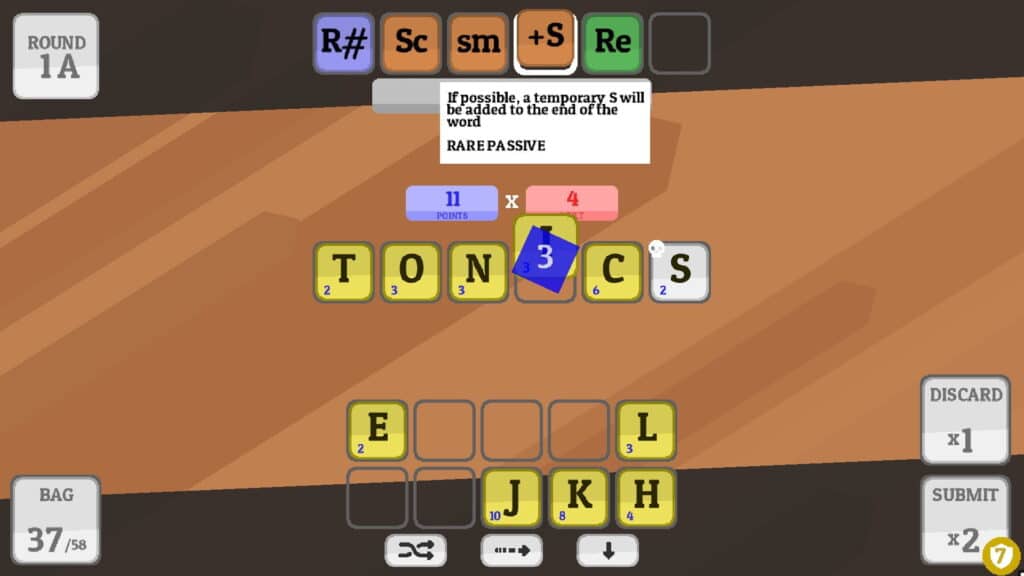 Spellatro game screen shows a partially formed word "TONCS" with letter tiles