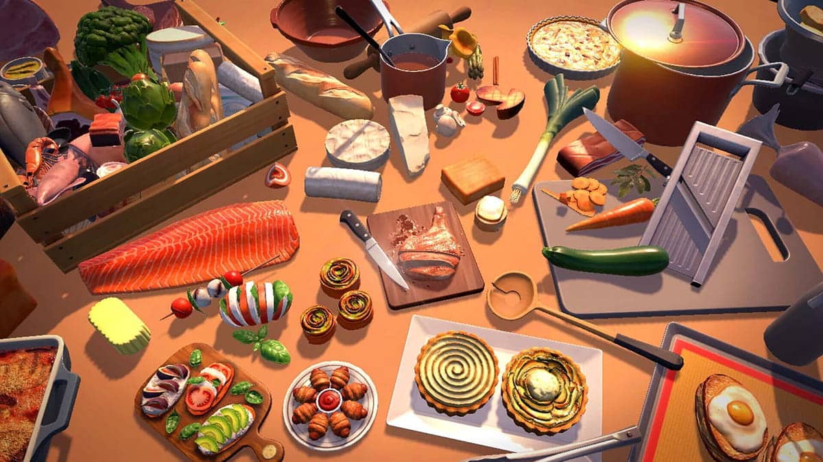 Ingredients and kitchen tools laid out on a prep table