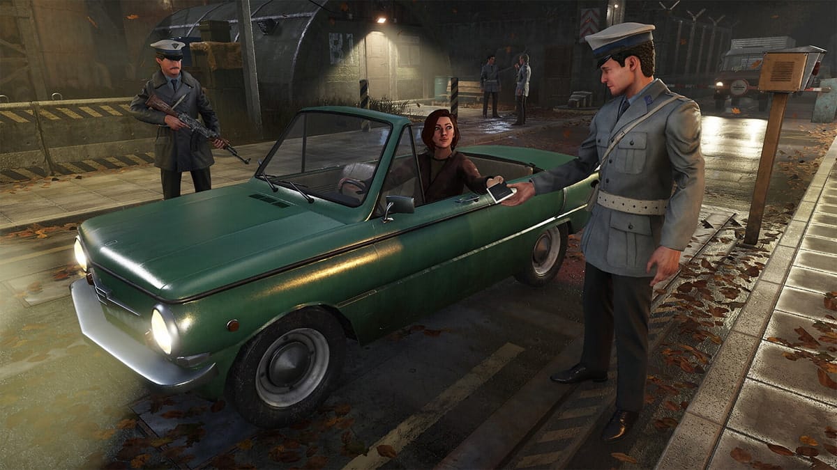 Contraband Police Crimson Fall DLC screenshot showing a border checkpoint inspection at night