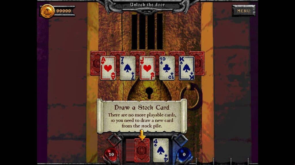 Forbidden Solitaire gameplay screenshot showing a haunted door puzzle with playing cards and stock pile draw prompt