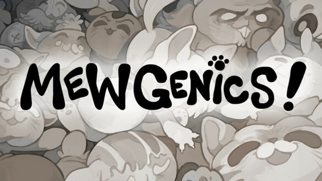 Mewgenics logo text over a background filled with illustrated cats