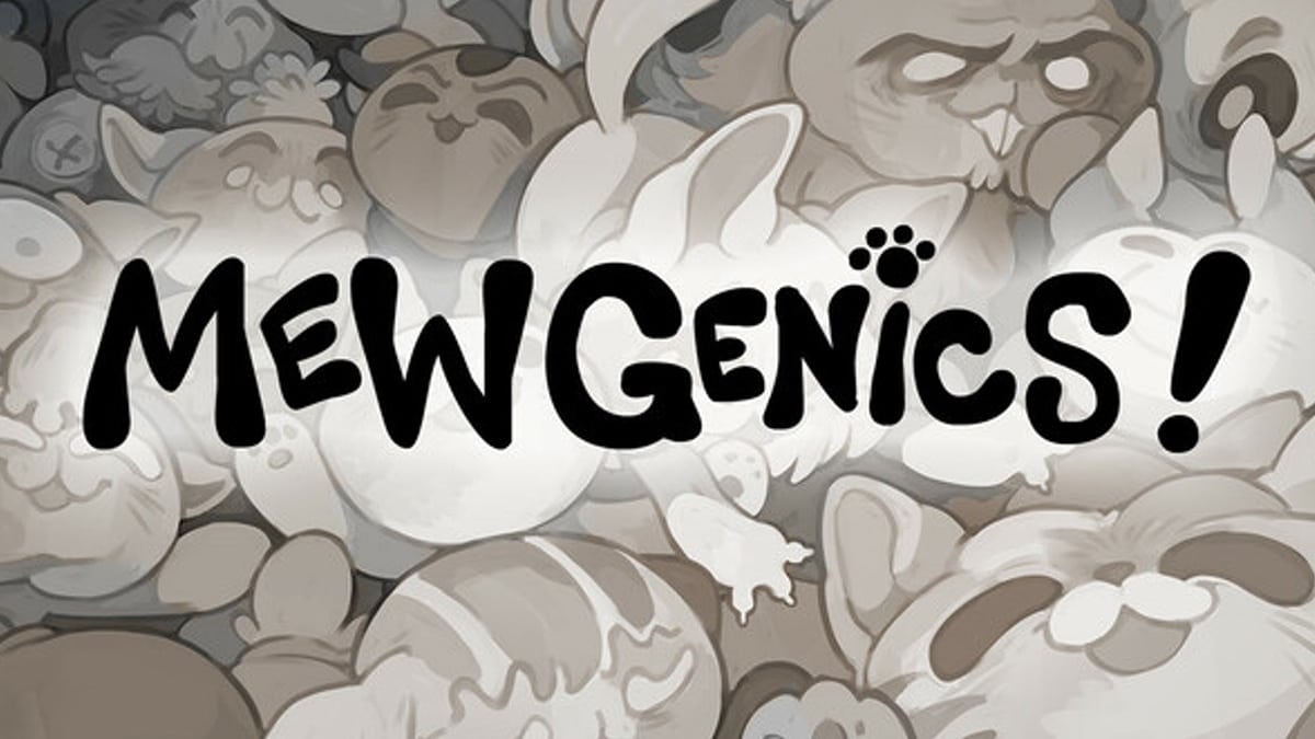 Mewgenics logo text over a background filled with illustrated cats