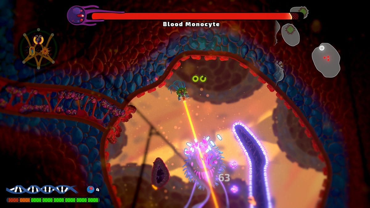 Pathogenic gameplay screenshot showing a fast-paced bullet-hell fight inside the human body
