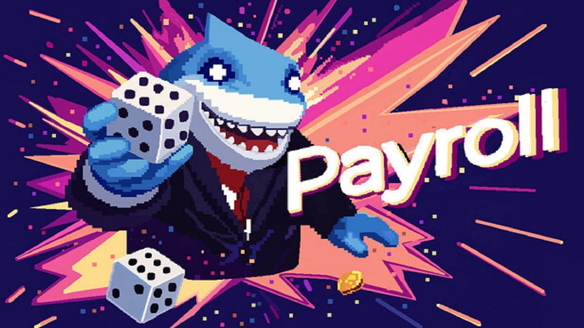 Loan shark character holding dice, with “Payroll” text in pixel art style