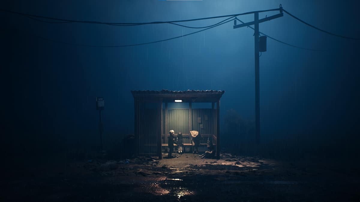 Reanimal scene showing several figures at a rain-soaked bus stop at night