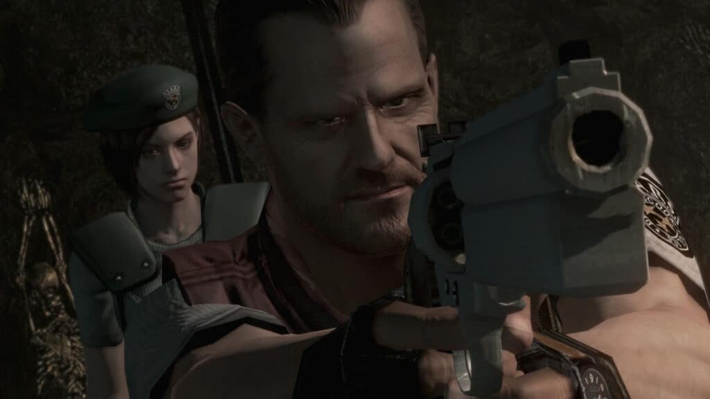 Barry aiming his gun with Jill Valentine behind him in Resident Evil HD Remaster