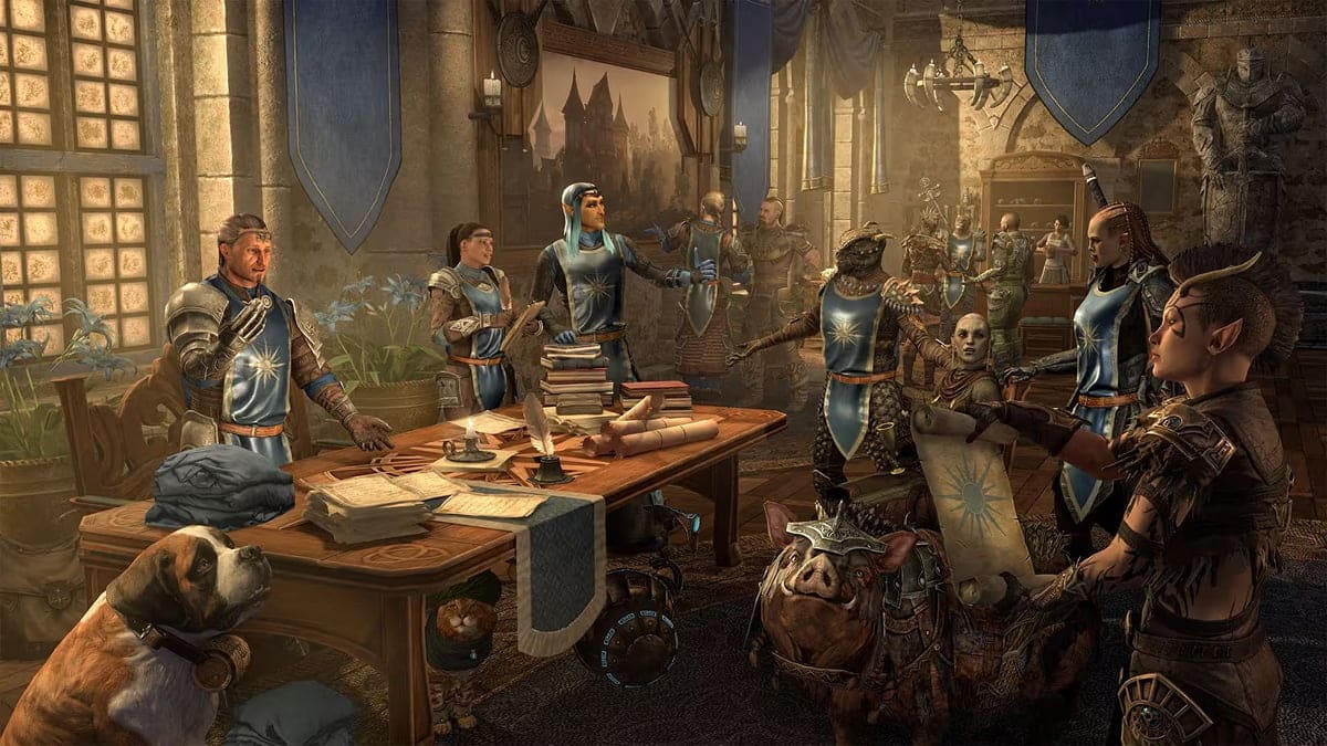 The Elder Scrolls Online scene showing adventurers gathered in a grand hall