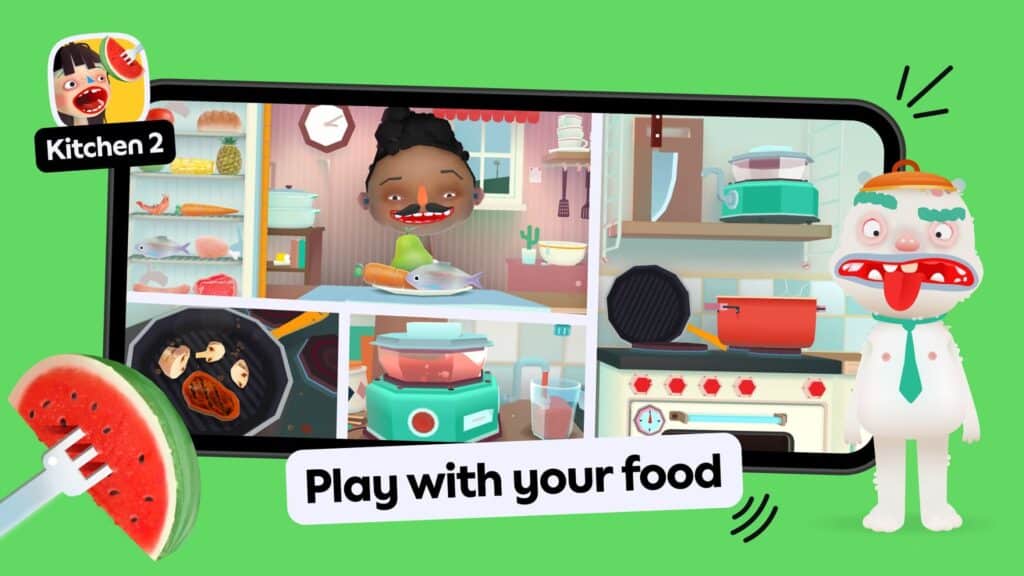 Toca Kitchen 2 gameplay shown on a smartphone with cartoon characters, kitchen tools, and food